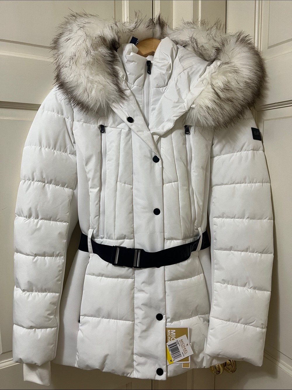 Michael Kors White Quilted Belted Puffer Jacket with Faux Fur Hood